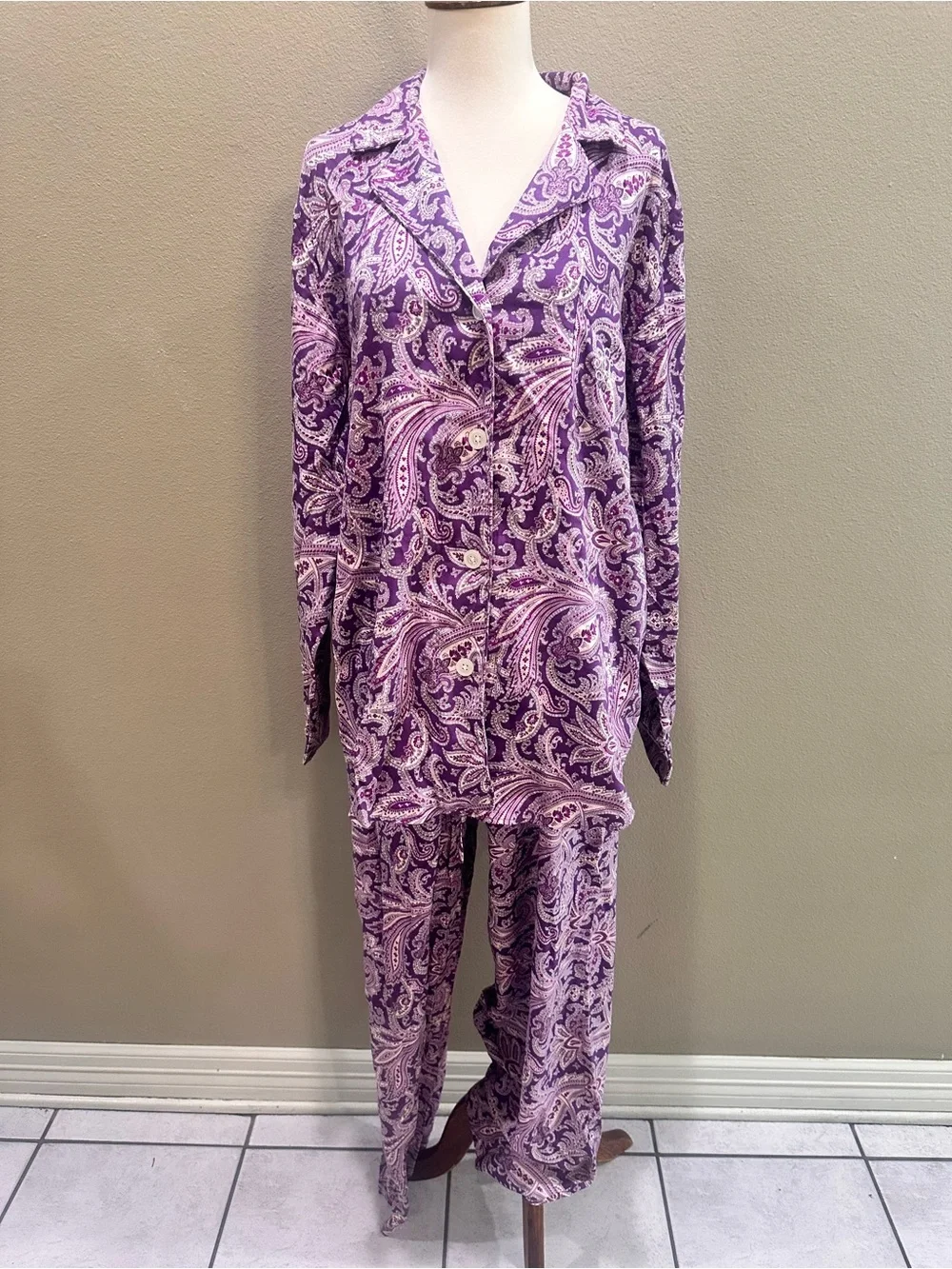 Lauren Ralph Lauren Purple Paisley Cotton Pajama Set Classic Button-Front XL